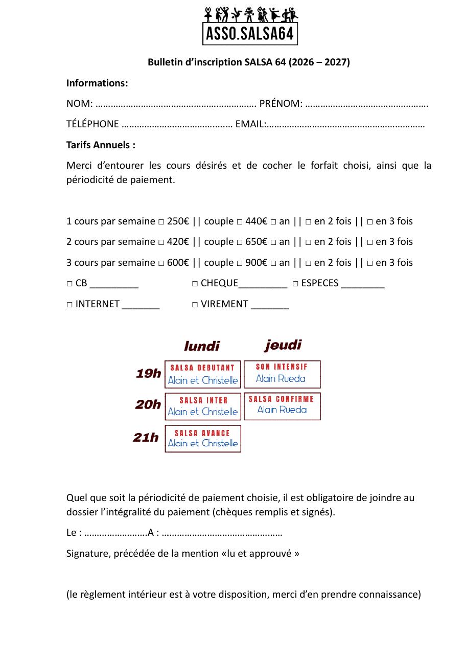 Fiche d'inscription officielle 2026-2027
